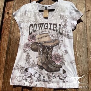 White Cowgirl Boot Shirt Sz Lg
